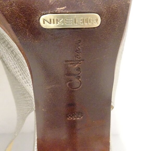 COLE HAAN Gold Metallic Textured Leather Peep Toe Slingback Heels Size 8.5B Shoe - Picture 7 of 7